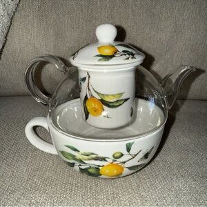 GRACE TEAWARE LEMONS BUTTERFLIES BEES GLASS PORCELAIN TEA FOR ONE w/INFUSER